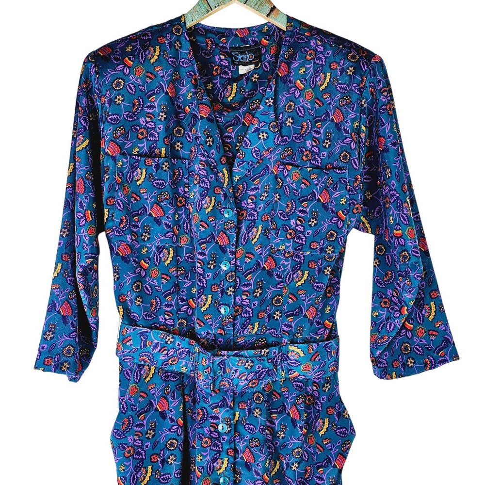 Vtg 1980's Starlo Women's Button Front Midi Belted Floral Dress w/ Pockets Sz 12 - Picture 3 of 10